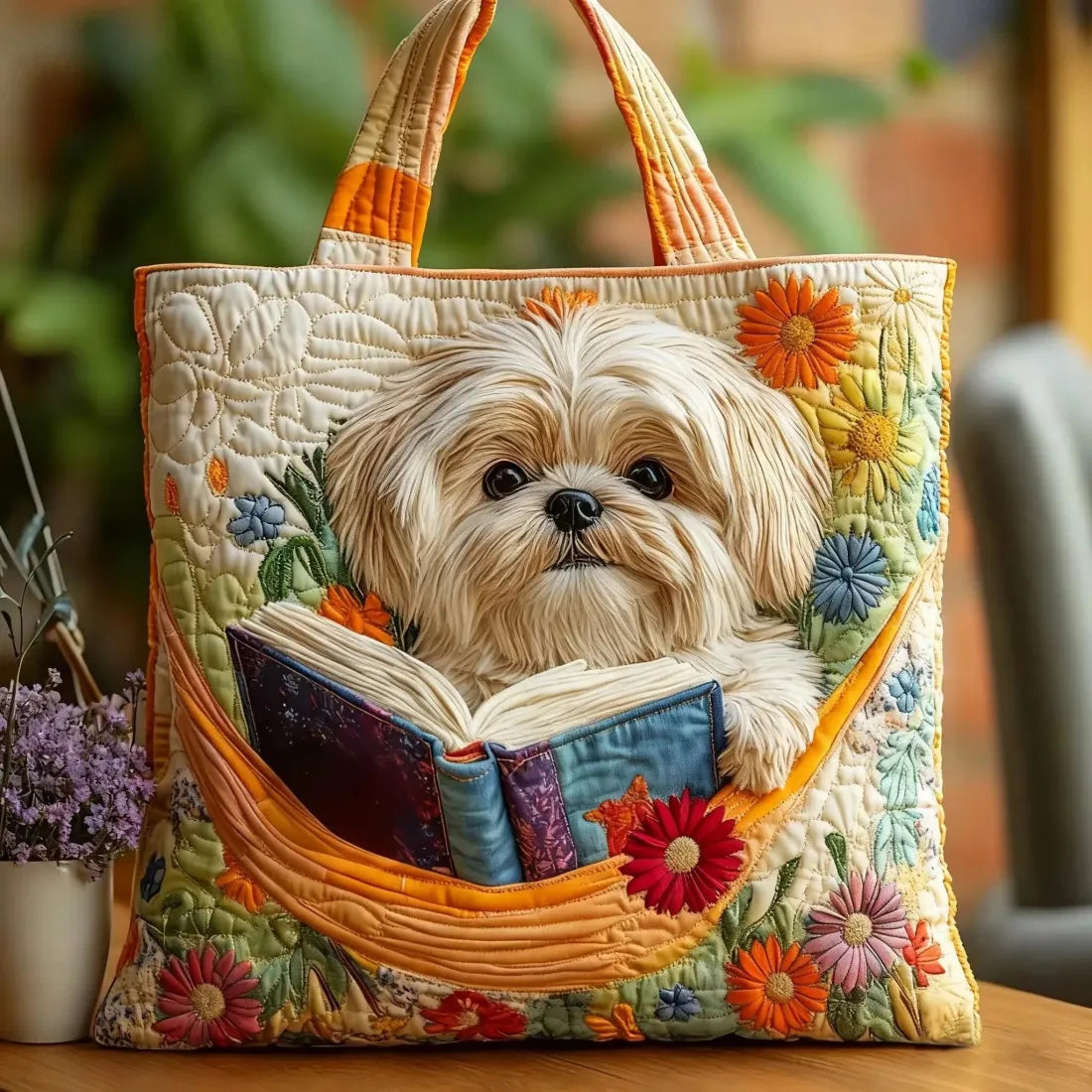 Kézműves táska – Shih Tzu könyvekkel és virágokkal mintával