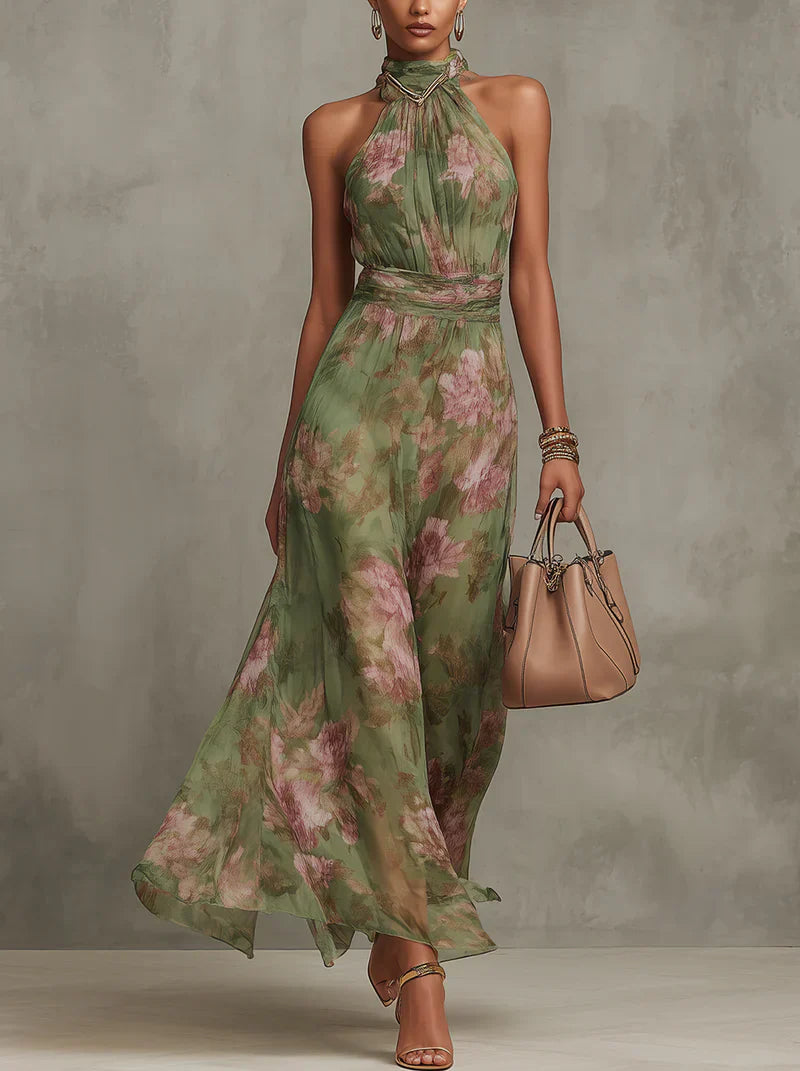 Fleur | Elegáns virágmintás halter maxi ruha